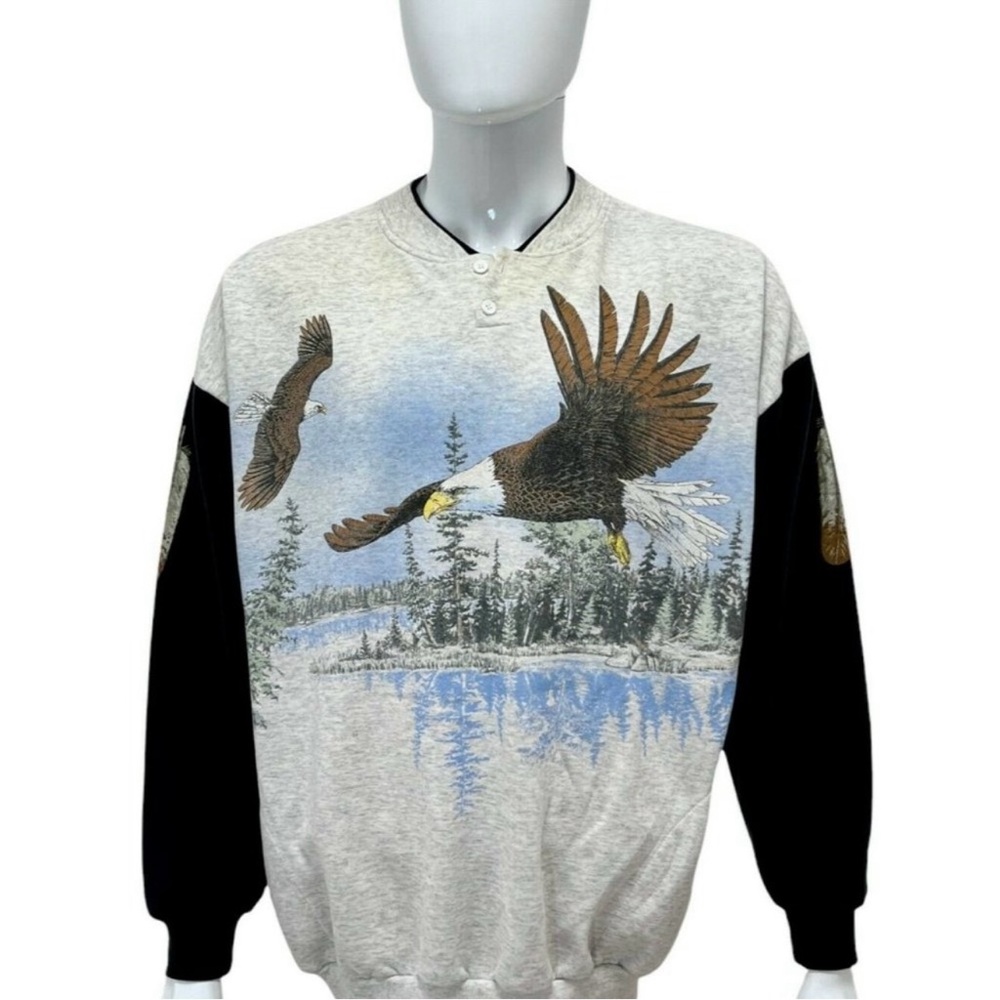 Vintage Eagle Men’s Shirt XXL Multicolor Nature All Over Print Feather Sleeves